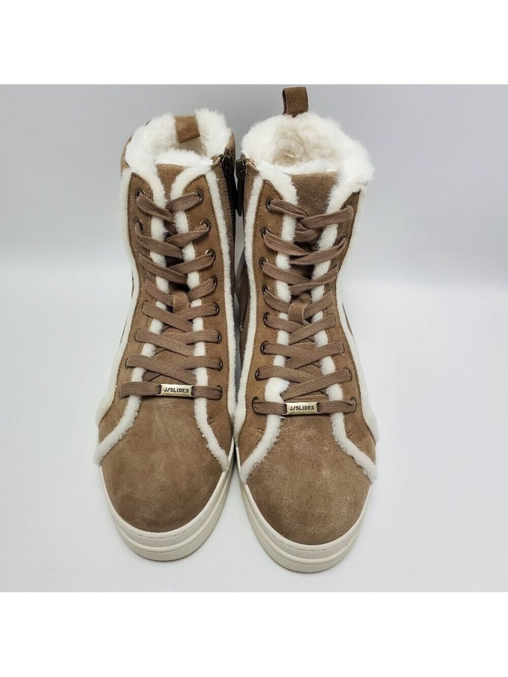 J Slides NYC Nadal Faux Fur High Top Platform Boot Sneakers Taupe Suede Size 9.5 - Picture 4 of 15